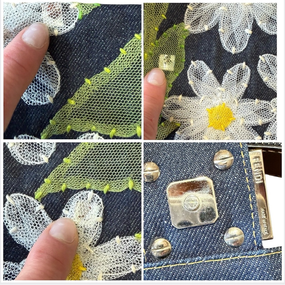 Vintage Fendi Daisy Embroidered Denim Baguette Flower Mesh Appliqué Y2K Bag - Picture 11 of 16